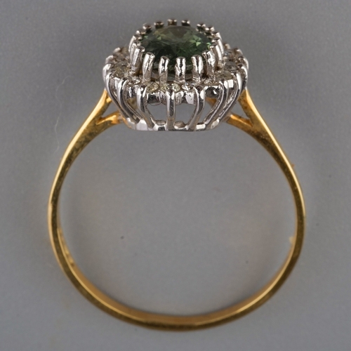 154 - An 18ct yellow gold peridot and diamond oval cluster ring, size S, gross weight approx 
3.1g