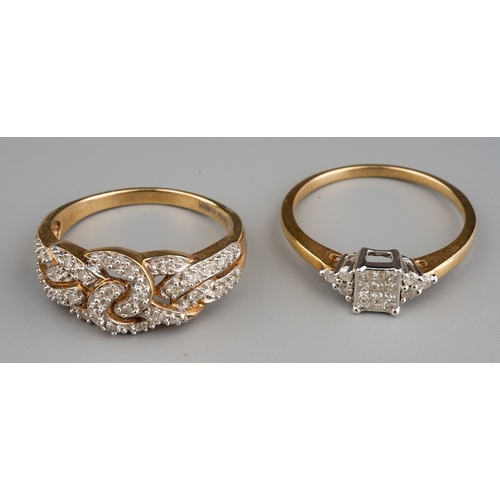 156 - A 9ct yellow gold and diamond ring, set with twelve princess-cut diamonds flanked by six round diamo... 