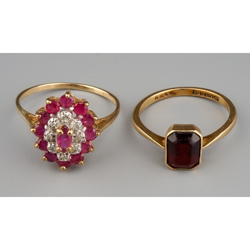 157 - A 9ct yellow gold ruby and diamond oval cluster ring, size P1/2, gross weight approx 2.5g; together ... 