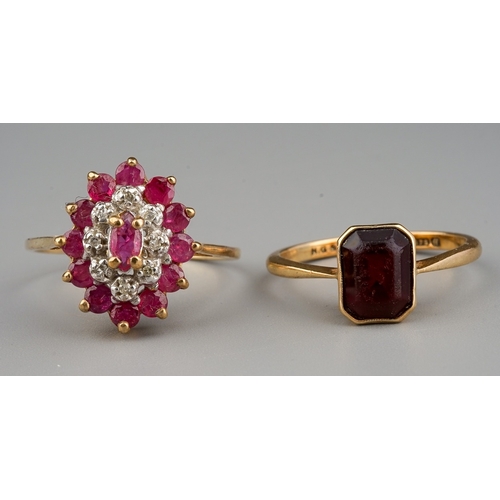 157 - A 9ct yellow gold ruby and diamond oval cluster ring, size P1/2, gross weight approx 2.5g; together ... 