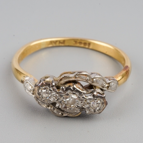 165 - An Edwardian 18ct yellow gold and diamond three-stone ring, platinum settings, size K, gross weight ... 