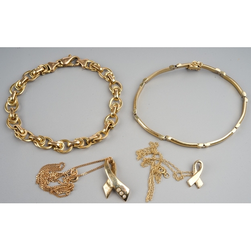 168 - Two 9ct yellow gold bracelets; a 9ct yellow gold pendant necklace set with diamonds, and another sma... 