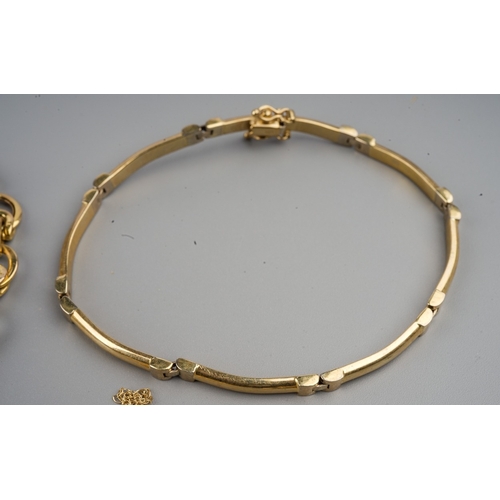 168 - Two 9ct yellow gold bracelets; a 9ct yellow gold pendant necklace set with diamonds, and another sma... 