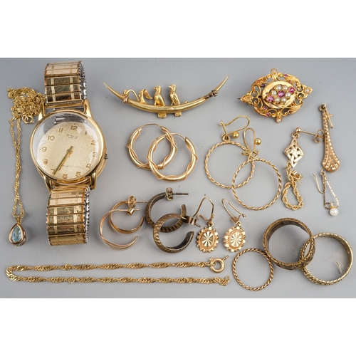 172 - A group of yellow metal and gold jewellery, including a Victorian 15ct gold seed pearl crescent and ... 