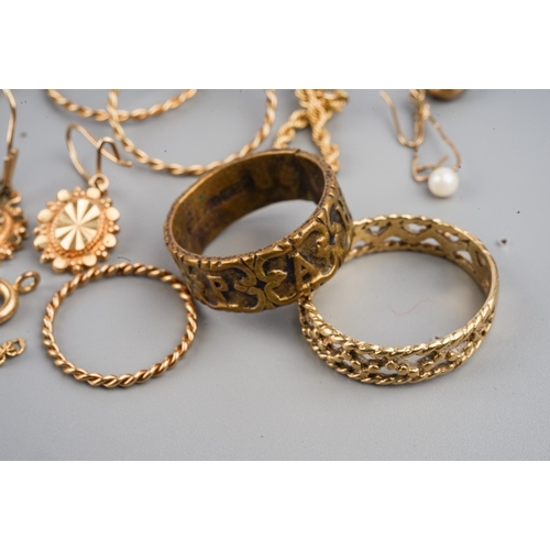 172 - A group of yellow metal and gold jewellery, including a Victorian 15ct gold seed pearl crescent and ... 