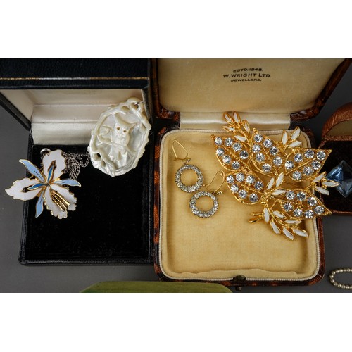 174 - Costume jewellery, including brooches, silver necklace, 9ct and paste earrings, etc