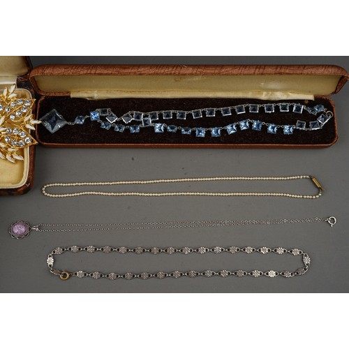 174 - Costume jewellery, including brooches, silver necklace, 9ct and paste earrings, etc