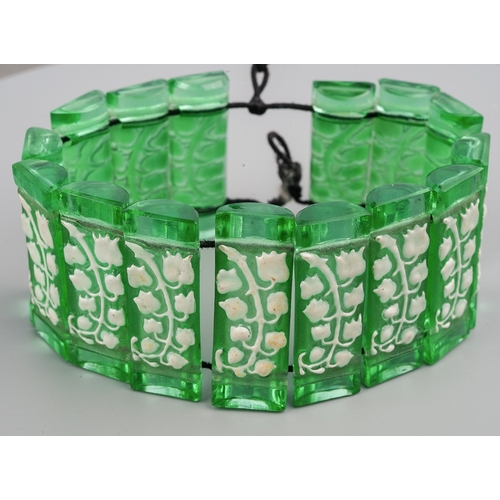 175 - Lalique green glass ( glows as uranium glass under UV 365 light) and white enamelled sectional brace... 