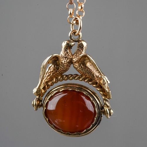 176 - Ornate 9ct Love-Birds Swivel with Carnelian (+ chain)