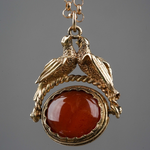 176 - Ornate 9ct Love-Birds Swivel with Carnelian (+ chain)