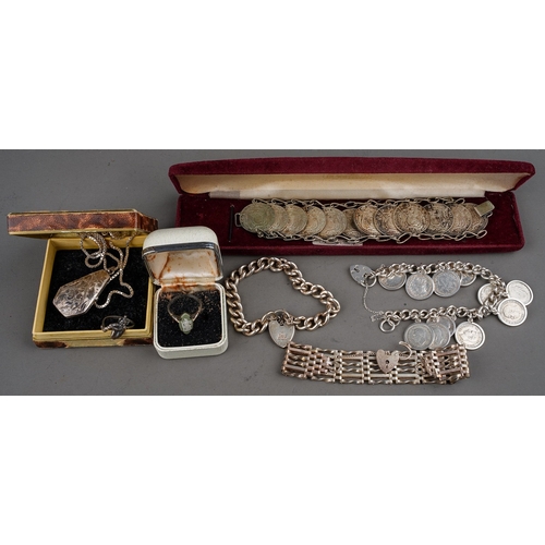 192 - A collection of silver jewellery, including gate bracelet; curb link bracelet; threepenny coin brace... 