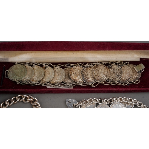 192 - A collection of silver jewellery, including gate bracelet; curb link bracelet; threepenny coin brace... 