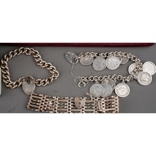 192 - A collection of silver jewellery, including gate bracelet; curb link bracelet; threepenny coin brace... 