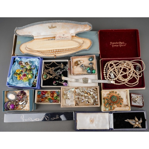 193 - Costume jewellery, including Lotus pearls; brooches, earrings, beads, silver; 1920s; Roamer watch, e... 