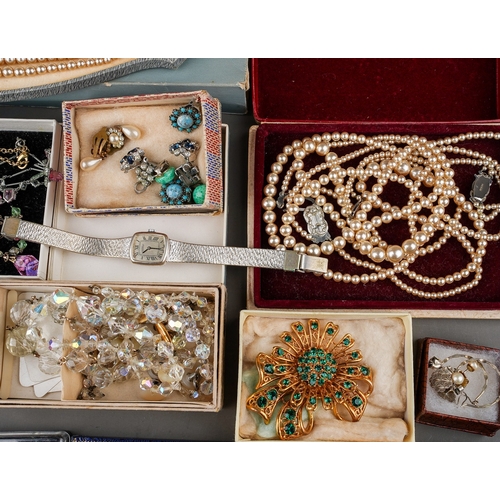 193 - Costume jewellery, including Lotus pearls; brooches, earrings, beads, silver; 1920s; Roamer watch, e... 