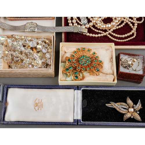 193 - Costume jewellery, including Lotus pearls; brooches, earrings, beads, silver; 1920s; Roamer watch, e... 