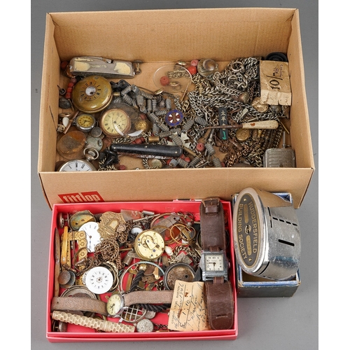 194 - A large collection of watch parts, movements, hairwork and other chains; 19th century buckle; button... 