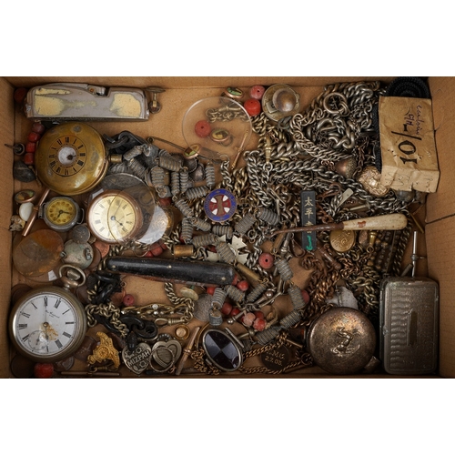 194 - A large collection of watch parts, movements, hairwork and other chains; 19th century buckle; button... 