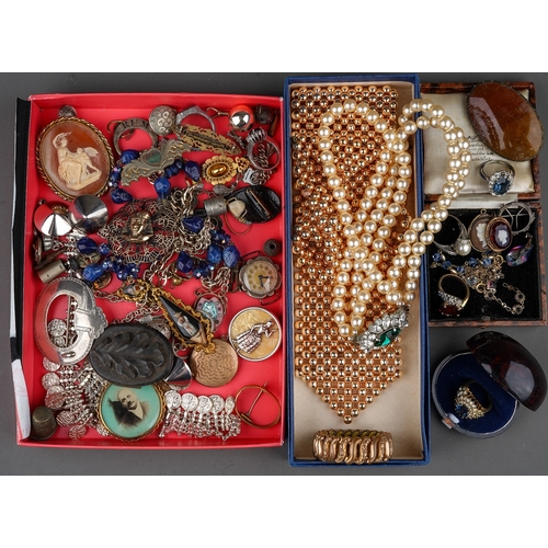 195 - Costume jewellery, including Victorian and later, silver, a 19th century earrings, chains, beads, ri... 