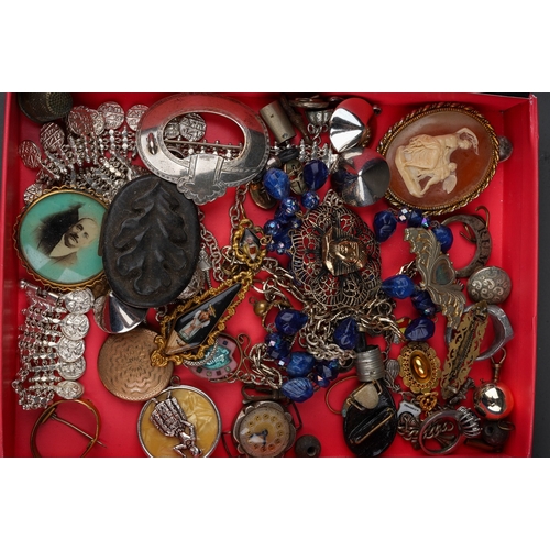 195 - Costume jewellery, including Victorian and later, silver, a 19th century earrings, chains, beads, ri... 