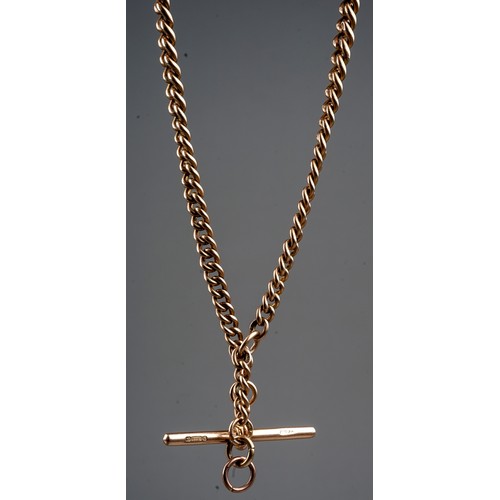 198 - A 9ct yellow gold graduated curb-link double watch chain, approx 38.5cm long, suspending T-bar, tota... 