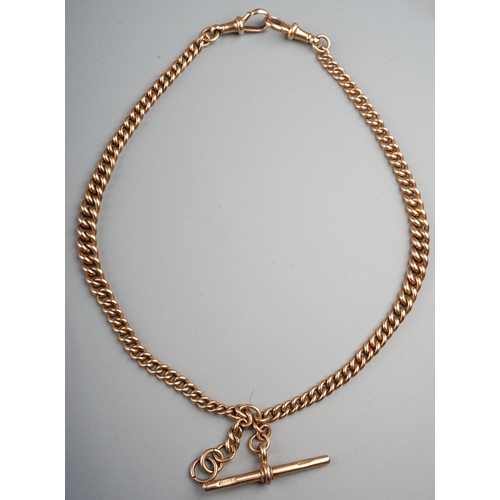 198 - A 9ct yellow gold graduated curb-link double watch chain, approx 38.5cm long, suspending T-bar, tota... 