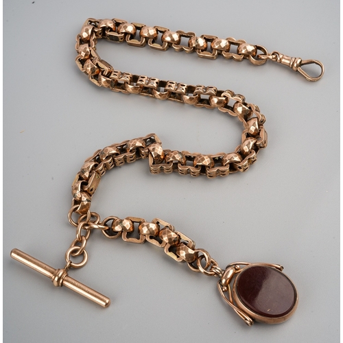 199 - A Victorian 9ct yellow gold fancy-link watch chain, approx 37cm long, suspending T-bar and swivel fo... 