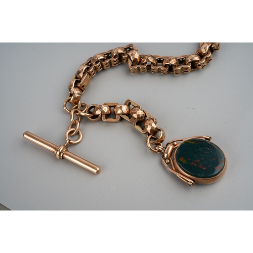 199 - A Victorian 9ct yellow gold fancy-link watch chain, approx 37cm long, suspending T-bar and swivel fo... 