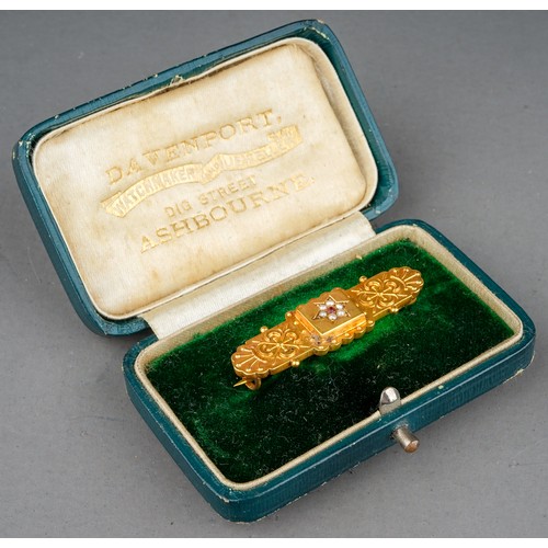 201 - Antique 9 ct gold bar brooch in original box, set with seed pears and a ruby,  weight 2.1g