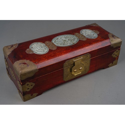 202 - Vintage oriental wooden brass mounted jewellery box with mounted Jadeite panels. Together with few v... 