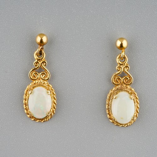 213 - A pair of 9ct yellow gold and opal drop earrings, post and butterfly fittings, gross weight approx 1... 