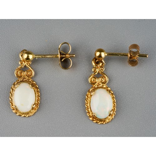 213 - A pair of 9ct yellow gold and opal drop earrings, post and butterfly fittings, gross weight approx 1... 