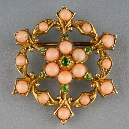 217 - An Edwardian 15ct yellow gold star shape brooch/pendant, set with coral and green stones, approx 3cm... 