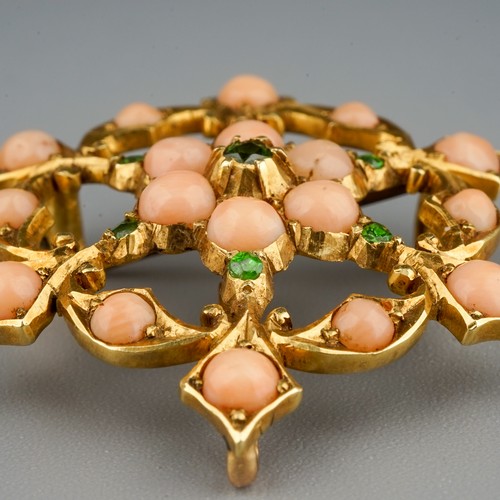 217 - An Edwardian 15ct yellow gold star shape brooch/pendant, set with coral and green stones, approx 3cm... 