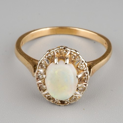 222 - A 9ct yellow gold opal and diamond cluster ring, size R, gross weight approx 3.3g