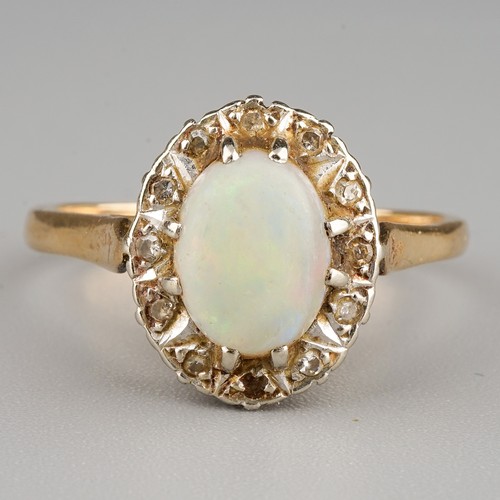 222 - A 9ct yellow gold opal and diamond cluster ring, size R, gross weight approx 3.3g