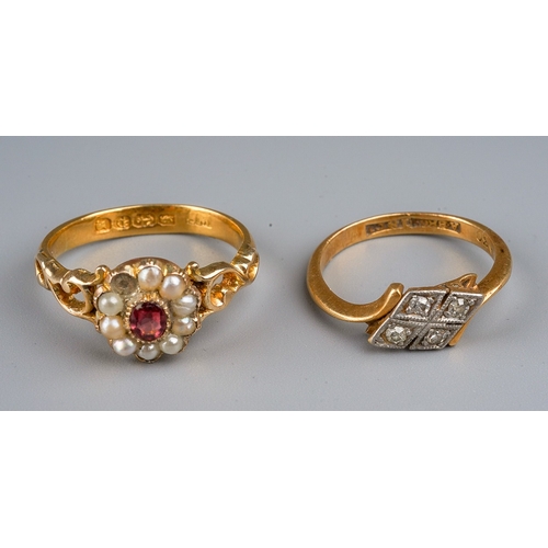 232 - An early Victorian century yellow gold ring, set with a pink stone within a border of seedpearls, ha... 