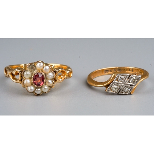 232 - An early Victorian century yellow gold ring, set with a pink stone within a border of seedpearls, ha... 