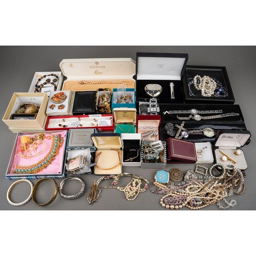 236 - Costume jewellery, including badges, brooches, garnet and pearl' watches; thimbles, compacts, earrin... 