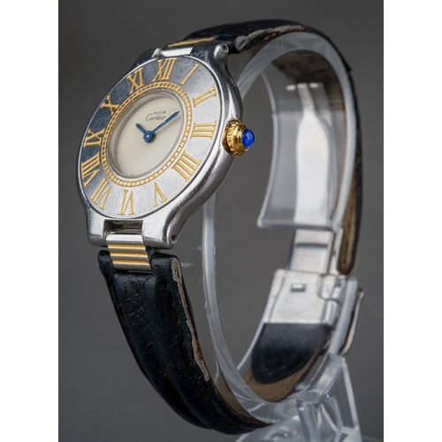 240 - Must de Cartier 21 stainless steel lady's wristwatch with black leather strap. Quartz movement.