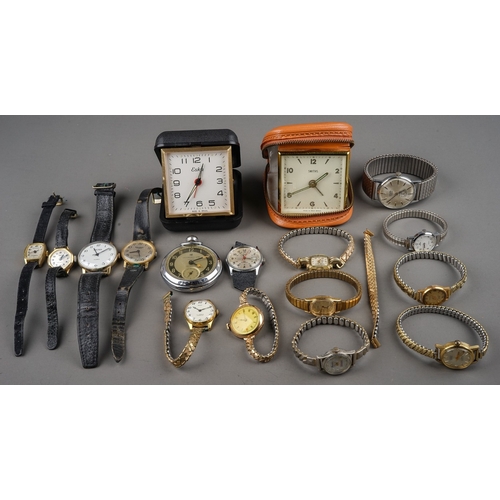 245 - A box of assorted mechanical and quartz wrist watches, travel clocks and an Ingersoll Triumph chrome... 