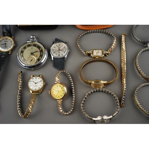 245 - A box of assorted mechanical and quartz wrist watches, travel clocks and an Ingersoll Triumph chrome... 