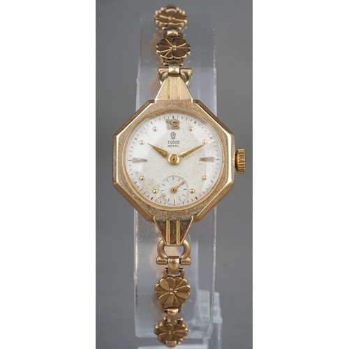 257 - 9 ct gold ladies Tudor Royal wristwatch, on 9 ct gold strap, currently ticking. Gross weight 17g.