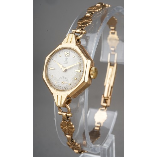 257 - 9 ct gold ladies Tudor Royal wristwatch, on 9 ct gold strap, currently ticking. Gross weight 17g.