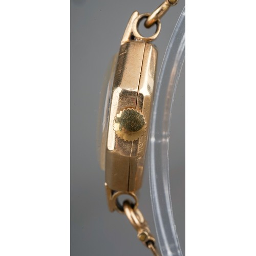 257 - 9 ct gold ladies Tudor Royal wristwatch, on 9 ct gold strap, currently ticking. Gross weight 17g.