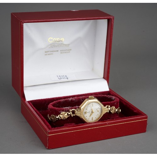 257 - 9 ct gold ladies Tudor Royal wristwatch, on 9 ct gold strap, currently ticking. Gross weight 17g.