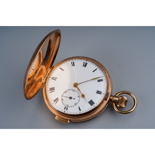 258 - A 9ct yellow gold hunter repeater pocket watch, 47mm circular white enamel dial with Roman numerals ... 