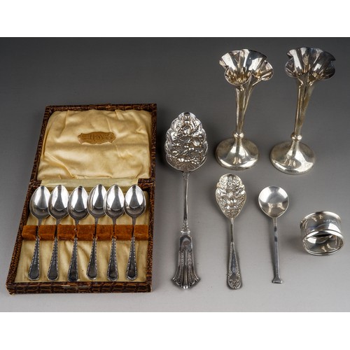 262 - A small collection of silver and EPNS, including a pair of Edwardian silver conical posy vases, with... 