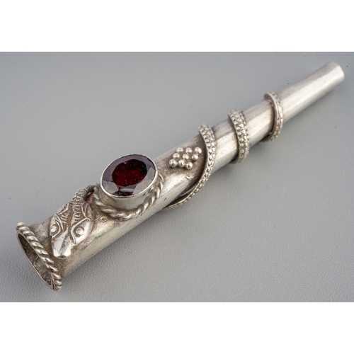 264 - White metal cigarette/ cheroot holder, intwined with a snake, mounted with a garnet