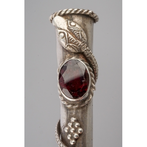 264 - White metal cigarette/ cheroot holder, intwined with a snake, mounted with a garnet